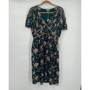 Chelsea28 Dress L Womens Green Multi Color Face Lace Sheer Smocked Pleat New